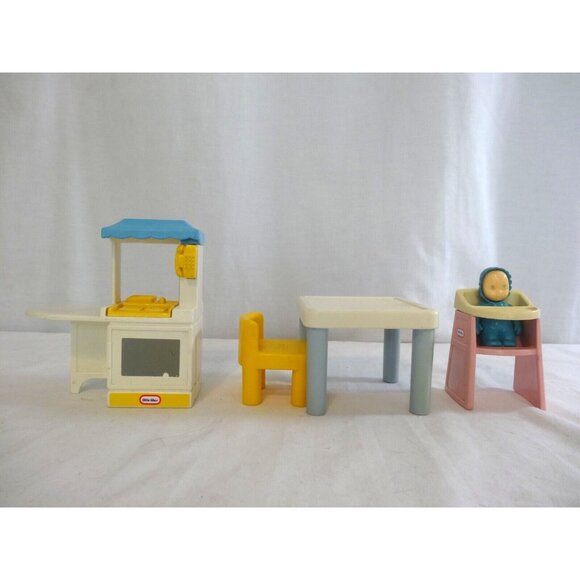 Little Tikes Dollhouse Furniture Party Kitchen Sink Stove Miniature + High Chair